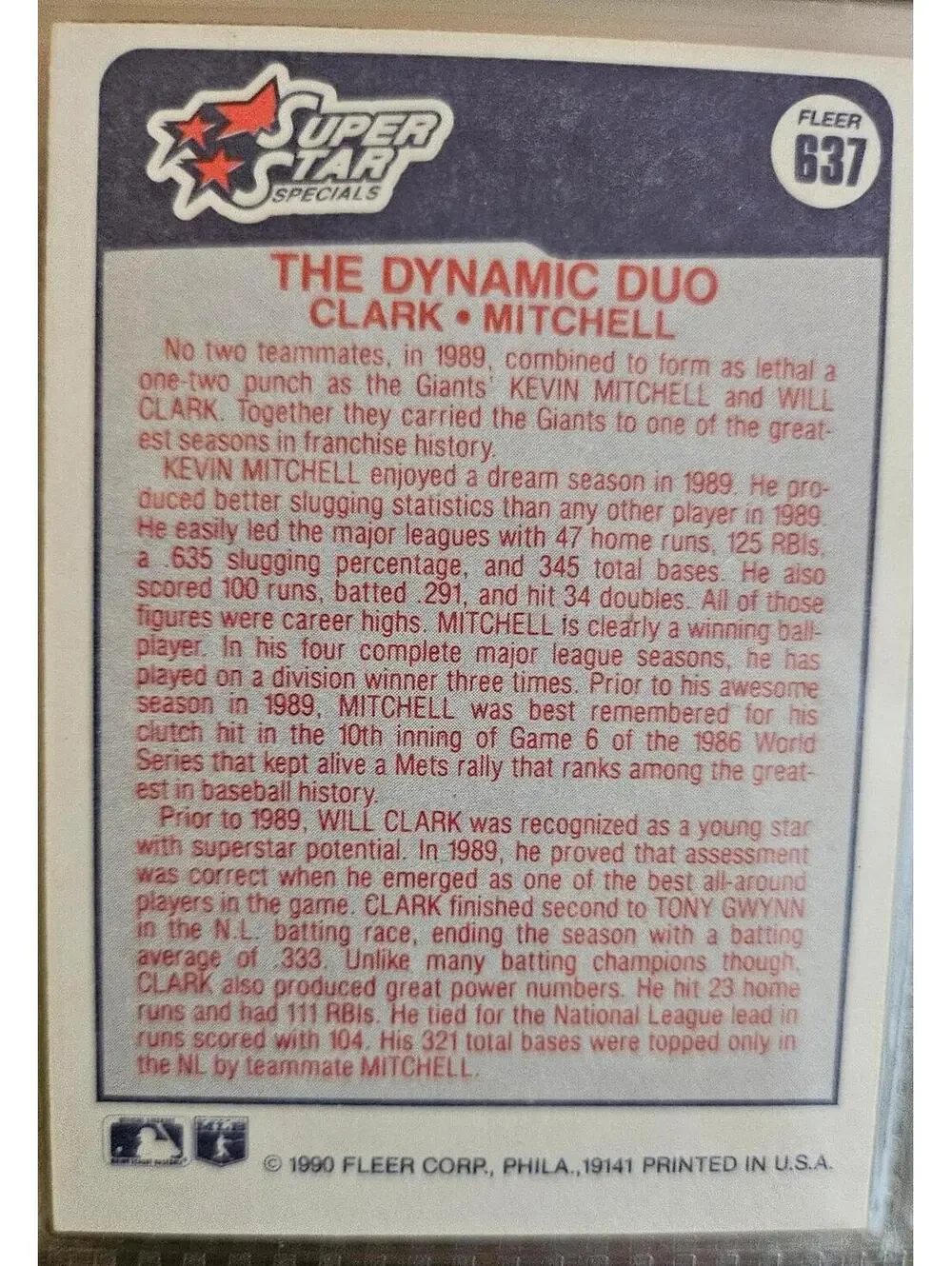 1990 Will Clark Kevin Mitchell Fleer #637 Dynamic Duo MLB SF Giants Baseball